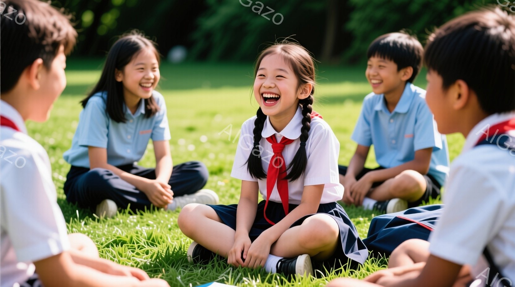 複数の子供たちが緑の芝生の上に座り、楽しそうに笑っています。彼らは皆、白いシャツにネクタイ、紺色のスカートまたはズボンという制服を着ており、髪型は短く整えられています。背景には緑豊かな木々があり、晴れ - AI生成フリー素材