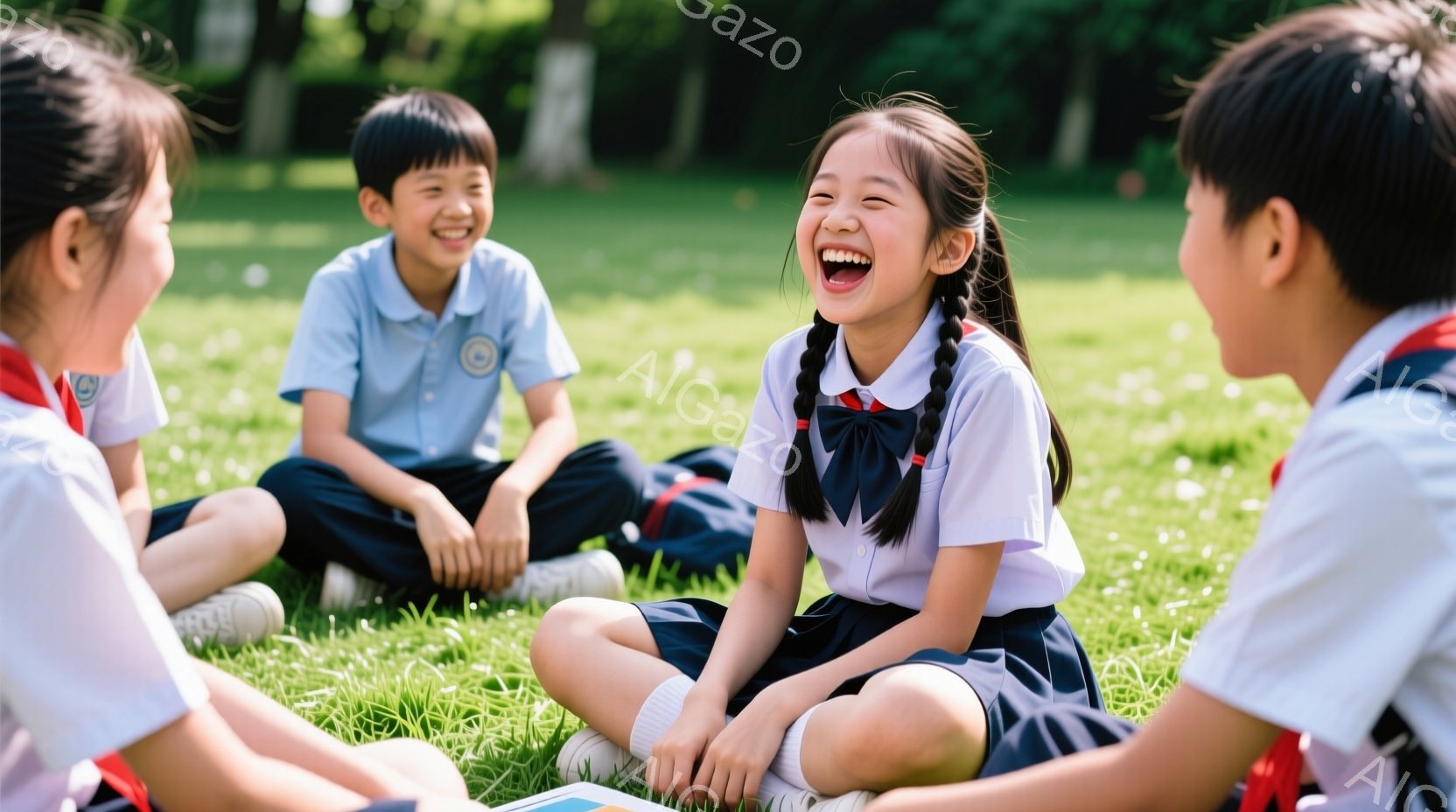 制服を着た子どもたちが芝生の上に座って笑っています。女の子は髪を二つに結び、満面の笑みを浮かべており、他の子どもたちも楽しそうな表情をしています。背景には緑豊かな木々が見え、晴れた日の穏やかな雰囲気が - AI生成フリー素材