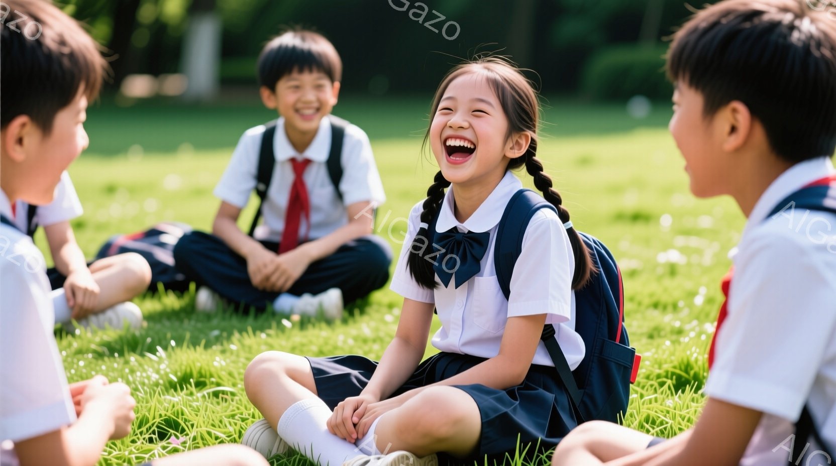 複数の子どもたちが緑の芝生の上に座って楽しんでいます。彼らは皆、白いシャツに紺色のスカートまたはズボン、赤いネクタイという制服を着ており、明るい表情をしています。背景には緑豊かな木々が見え、晴れた日の - AI生成フリー素材