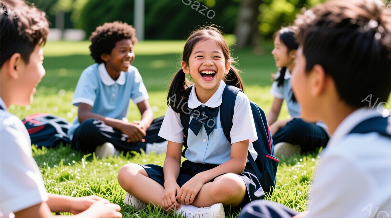 緑豊かな芝生の上に、制服を着た子供たちが座って楽しそうに笑っています。特に中央に座る女の子は、大きく口を開けて満面の笑みを浮かべ、髪を後ろで結んでいます。背景には木々が見え、晴れた日の穏やかな雰囲気が伝わってきます。