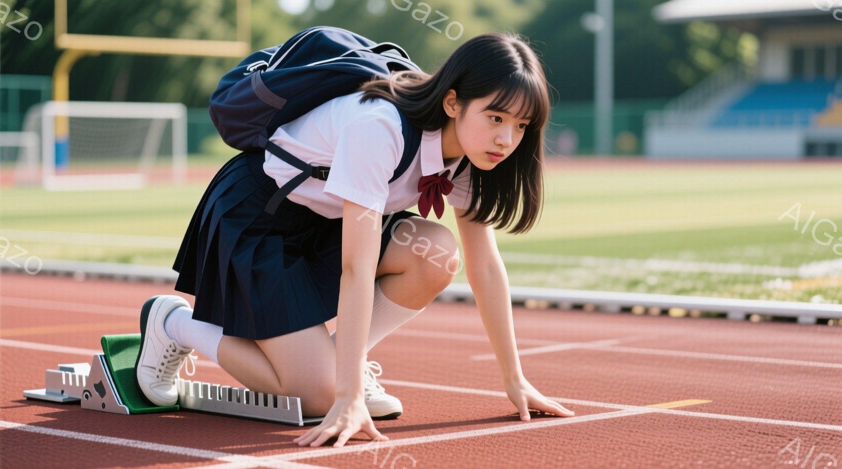 制服姿の女子高生が陸上競技場のスタートラインに構える姿が写っています。彼女は紺色のスカートと白のブラウス、赤いリボンを身に着け、黒のリュックサックを背負っています。表情は真剣で、競技に向けて集中している様子が伺えます。