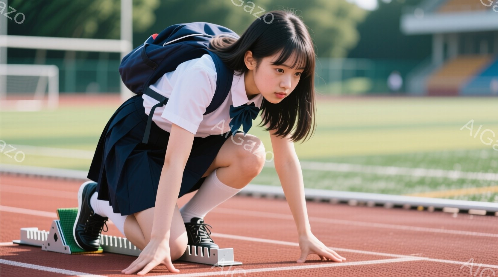 制服姿の女子高生が、陸上競技場のトラック上にスタート姿勢でうずくまっている。紺色のスカートと白のブラウス、リボンが特徴的で、黒いリュックサックを背負っている。背景には緑の芝生と観客席が見え、晴天の下、競技への集中と緊張感が伝わってくる。