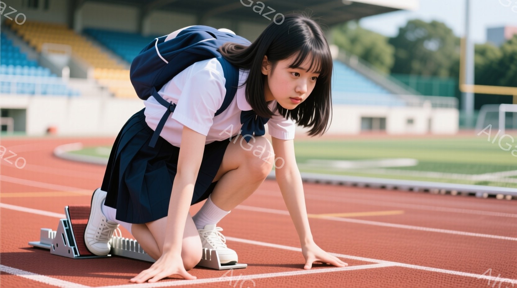 制服を着た女子高生がトラックのスタートラインに構える姿が写っている。彼女は濃い青色のスカートと白いブラウスを着ており、肩にはリュックサックを背負っている。真剣な表情で前を見据え、競技に向けて身構えている様子が伺える。