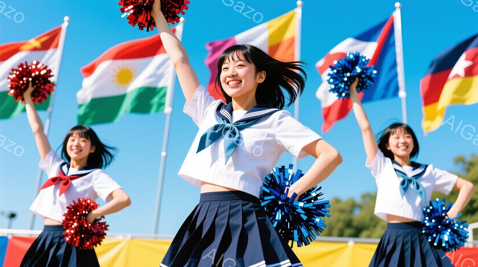 紺色のプリーツスカートと白いブラウス、そしてネイビーのネクタイを着用した若い女性たちが写っています。彼女たちは皆笑顔で、ポンポンを持って活発に踊っており、楽しそうでエネルギッシュな雰囲気です。背景には様々な国の旗が並び、青空と緑の木々が見え、晴天の下でのイベントが行われていることがわかります。