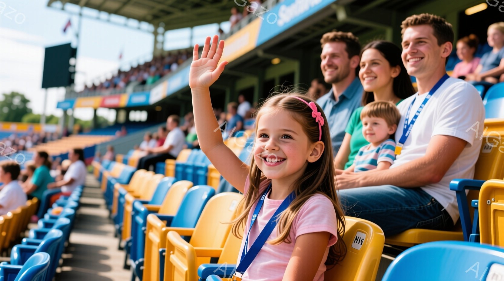 観客席で、ピンクのシャツを着た少女が片手を上げて笑顔を見せています。背景には他の観客や建物、そして晴れた空が見え、明るく活気のある雰囲気が伝わってきます。彼女の両隣には、父親と弟が座っており、皆がイベ - AI生成フリー素材