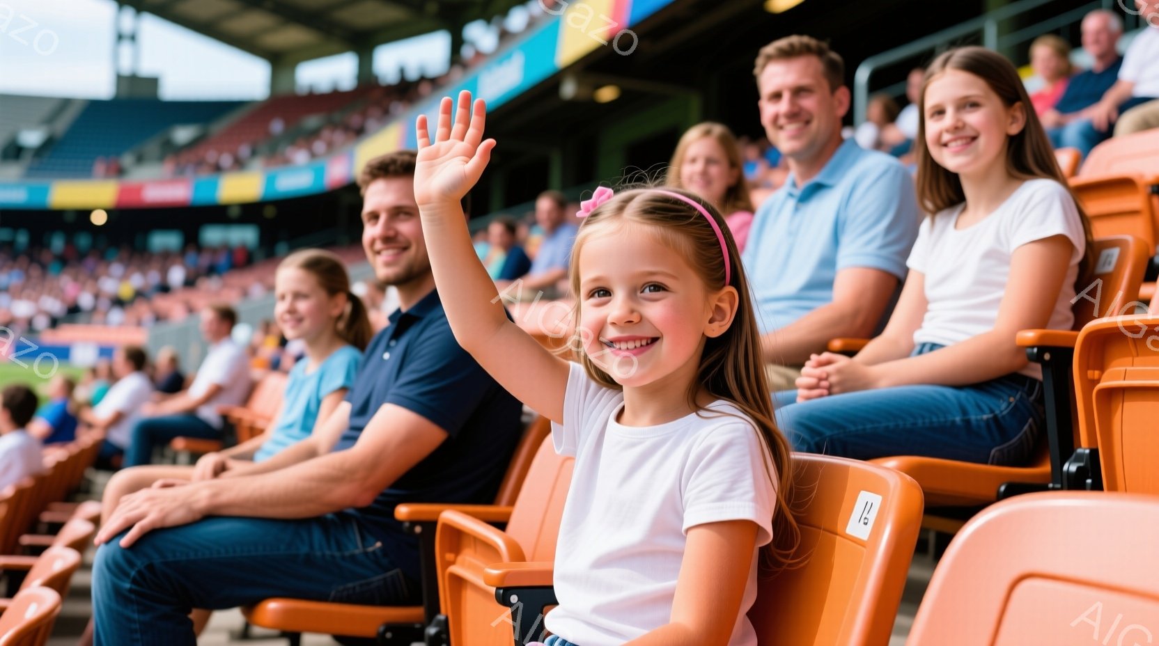 観客席に座っている少女が、手を高く上げて笑顔を見せています。彼女は白いTシャツを着ており、髪はピンクのリボンで結ばれています。背景には観客席が広がり、晴れた日のスタジアムのような明るい雰囲気です。