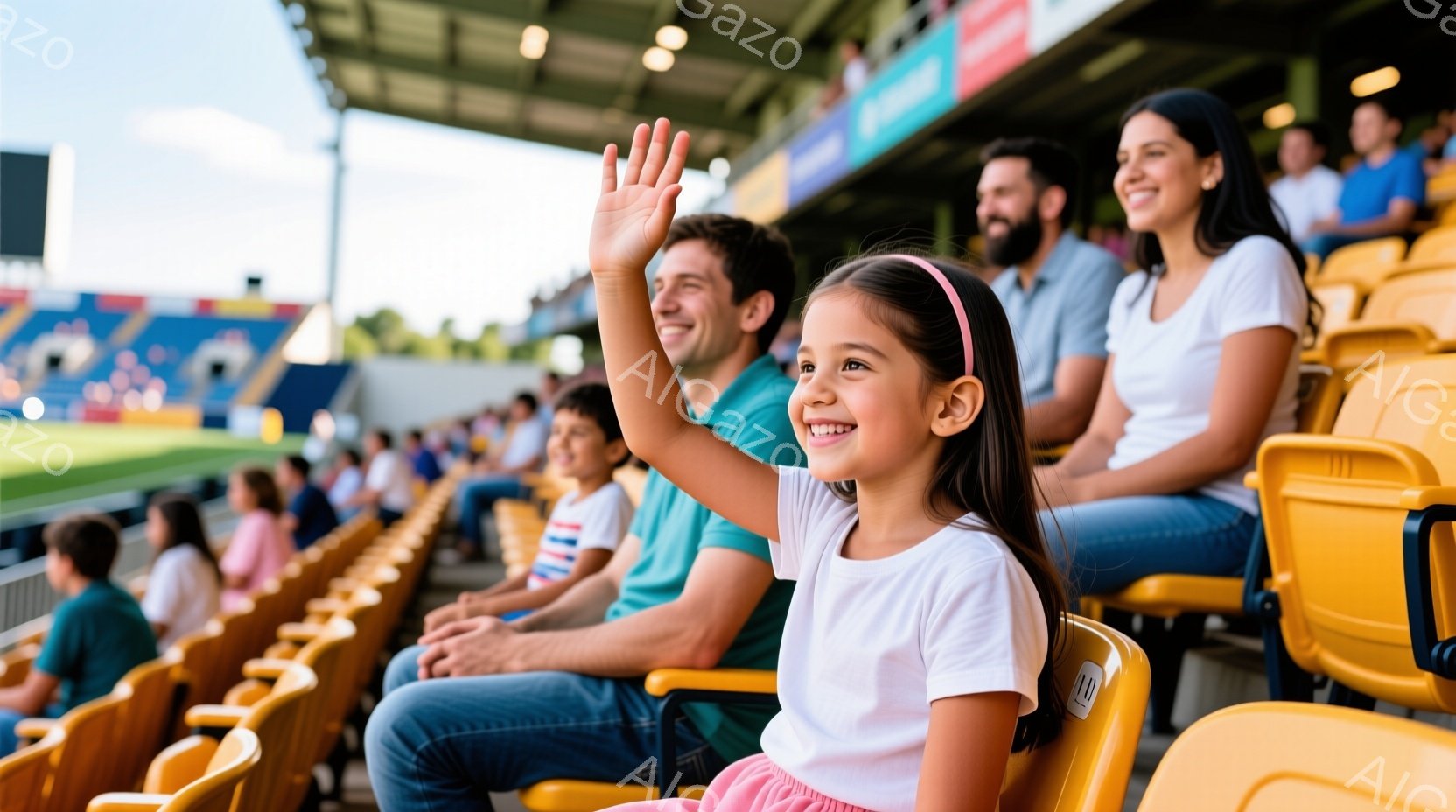 観客席で、ピンクのヘッドバンドをした女の子が手を振っています。彼女は白いTシャツと薄いピンク色のスカートを着ており、満面の笑みを浮かべています。背景には、緑の芝生と青空、そして他の観客席が見え、全体的に明るく陽気な雰囲気です。