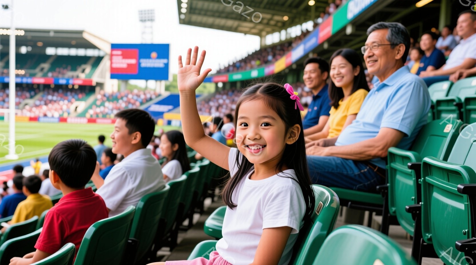 観客席に座る少女が、笑顔で手を振っています。彼女は白いTシャツとピンクのスカートを着ており、髪は後ろで結ばれています。背景には緑の芝生と観客席が広がり、晴れた空の下、活気のあるスポーツイベントの雰囲気を感じさせます。