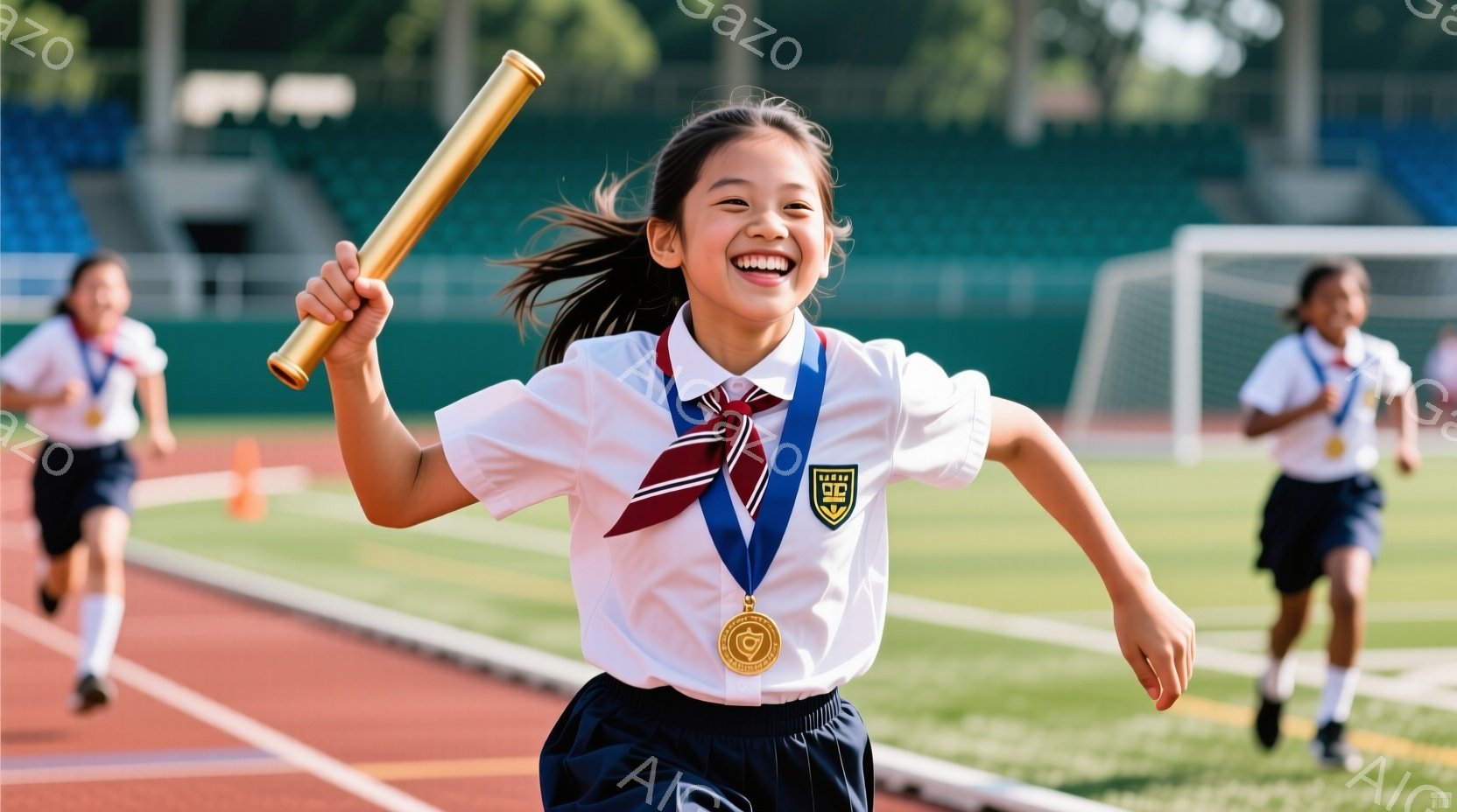 少女はトラックを疾走しており、満面の笑みを浮かべている。紺色のスカートと白いブラウス、赤いネクタイ、そして金色のメダルをつけている。背景には緑の芝生と観客席、そしてわずかに建物が見え、晴れた日のスポー - AI生成フリー素材
