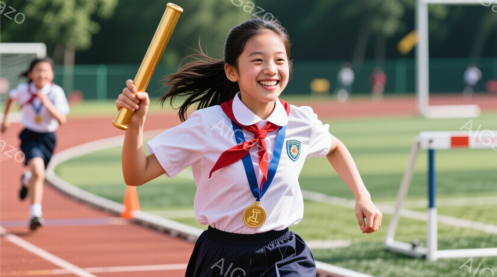 少女はトラックを走り、金色のバトンを高く掲げて満面の笑みを浮かべている。紺色のスカートと白いブラウス姿で、首には金メダルが輝き、髪はポニーテールに結ばれている。背景には他の走者がおり、トラックとハードルが配置され、晴れた日のスポーツイベントの活気ある雰囲気が伝わってくる。