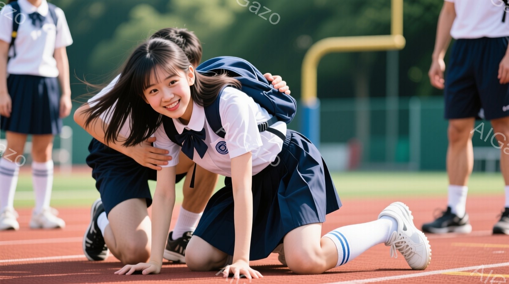 紺色のトラックの上で膝をついて、笑顔の女子高生が写っています。彼女は白いブラウスと紺色のスカート、白いソックスとスニーカーを履き、髪は長くストレートで、顔は明るく元気です。背景には、他の学生やトラック - AI生成フリー素材