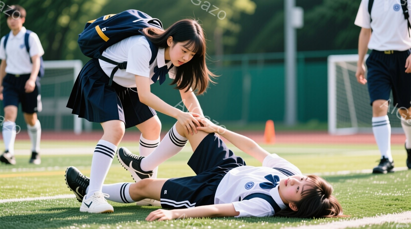 紺色の制服を着た女子生徒が、サッカーコート上で倒れた男子生徒を心配そうに見下ろしている。女子生徒は長い髪を後ろでまとめ、黒い靴と白いソックスを履いており、肩にリュックサックを背負っている。背景には緑の芝生、サッカーゴール、そして晴れた空が見え、全体的に心配と共感が感じられる光景である。