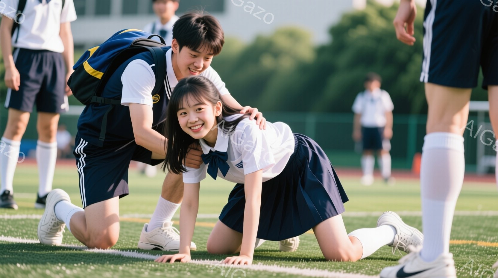 制服姿の女子生徒が体育の授業中、四つん這いになっており、笑顔を浮かべている。紺色のスカートと白いブラウス、リボンが特徴的で、膝にはプロテクターをつけている。背景には青空と緑の芝生、そして他の生徒たちが - AI生成フリー素材