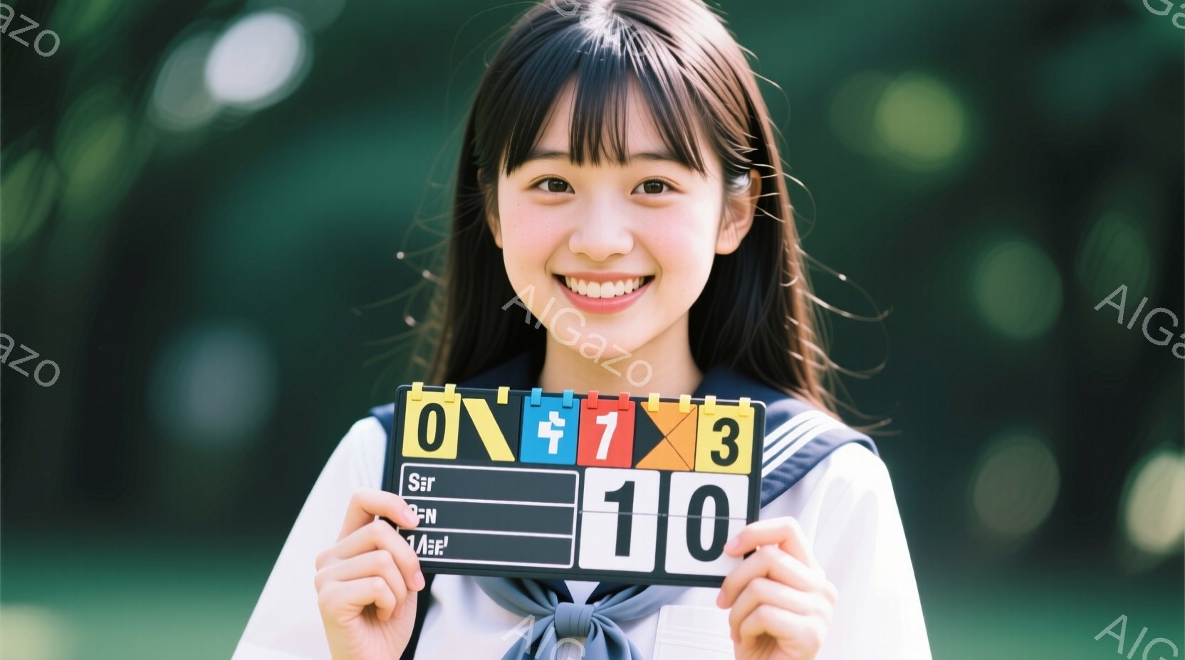 少女は紺色のセーラー服を着て、明るい笑顔でカメラに向かっています。彼女は両手で数字が書かれたボードを持っており、背景には緑豊かな自然が広がっています。全体的に、若々しく、ポジティブな雰囲気が漂っています。