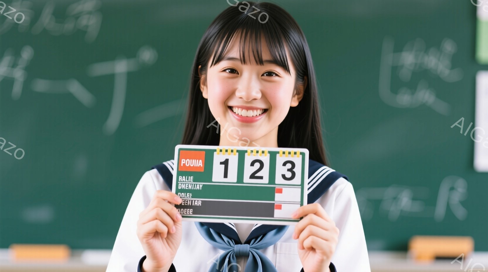制服を着た女子学生が、両手で「123」と書かれたボードを持っています。彼女は明るい笑顔でカメラを見つめ、前髪を少し横に流したショートヘアが特徴的です。背景には黒板があり、日本語の文字が書かれていますが、全体的に明るく、活気のある雰囲気です。