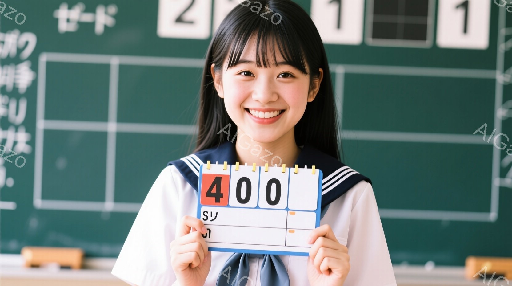 明るい笑顔を浮かべた女子高生が、400と書かれたスコアボードを持ってカメラに向かってポーズをとっています。紺色のセーラー服を着ており、髪は肩までの長さで、前髪は綺麗に整えられています。背景には黒板があり、何らかの数字や文字が書かれていますが、教室のような場所で撮影されたようです。