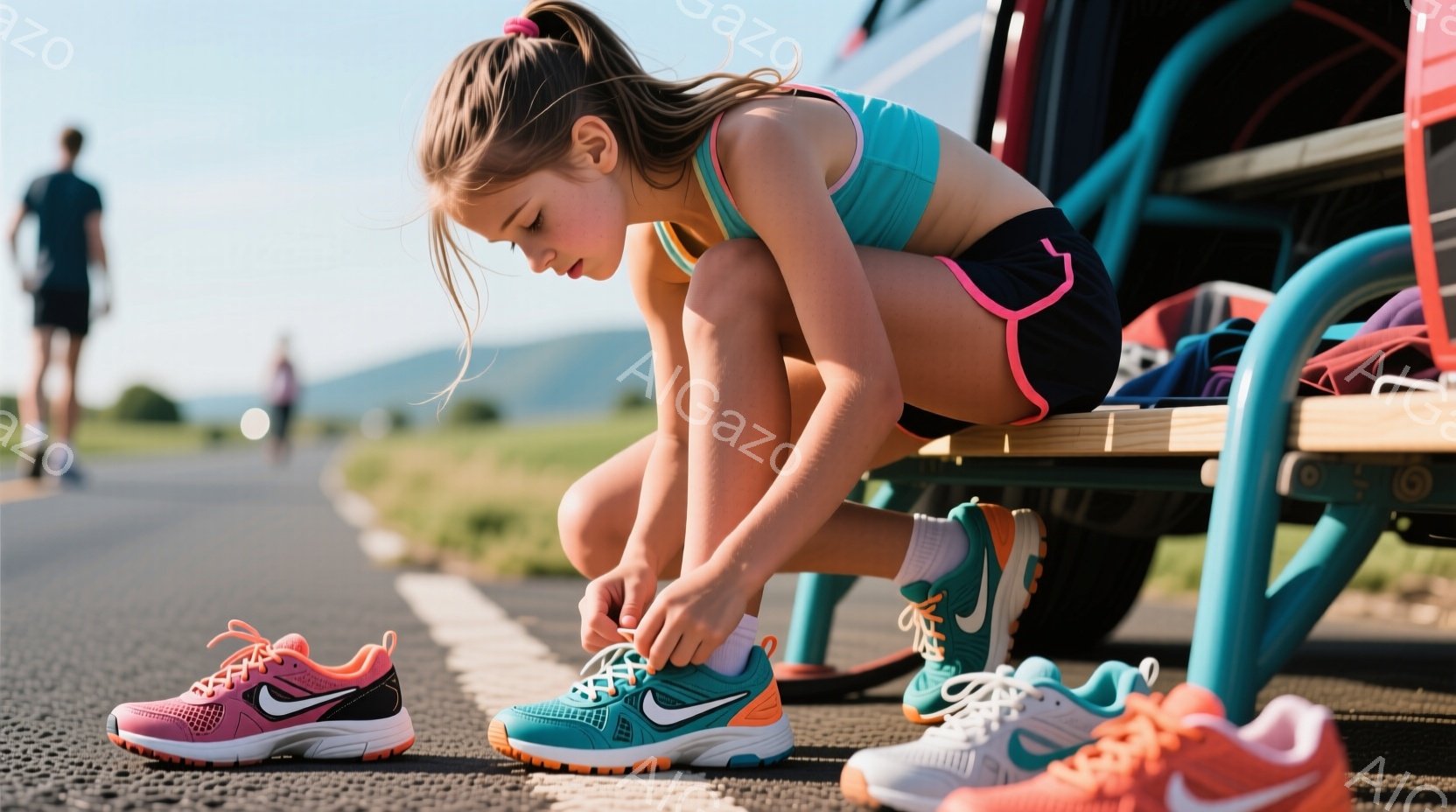 若い女性がアスファルトの道路脇に座り、ターコイズブルーのランニングシューズの靴紐を結んでいます。彼女はターコイズ色のスポーツブラと黒いショートパンツを着ており、髪はポニーテールに結ばれています。背景には他のランナーが走り、緑豊かな丘が見え、晴れた空の下、活気に満ちたアウトドアの雰囲気が漂っています。