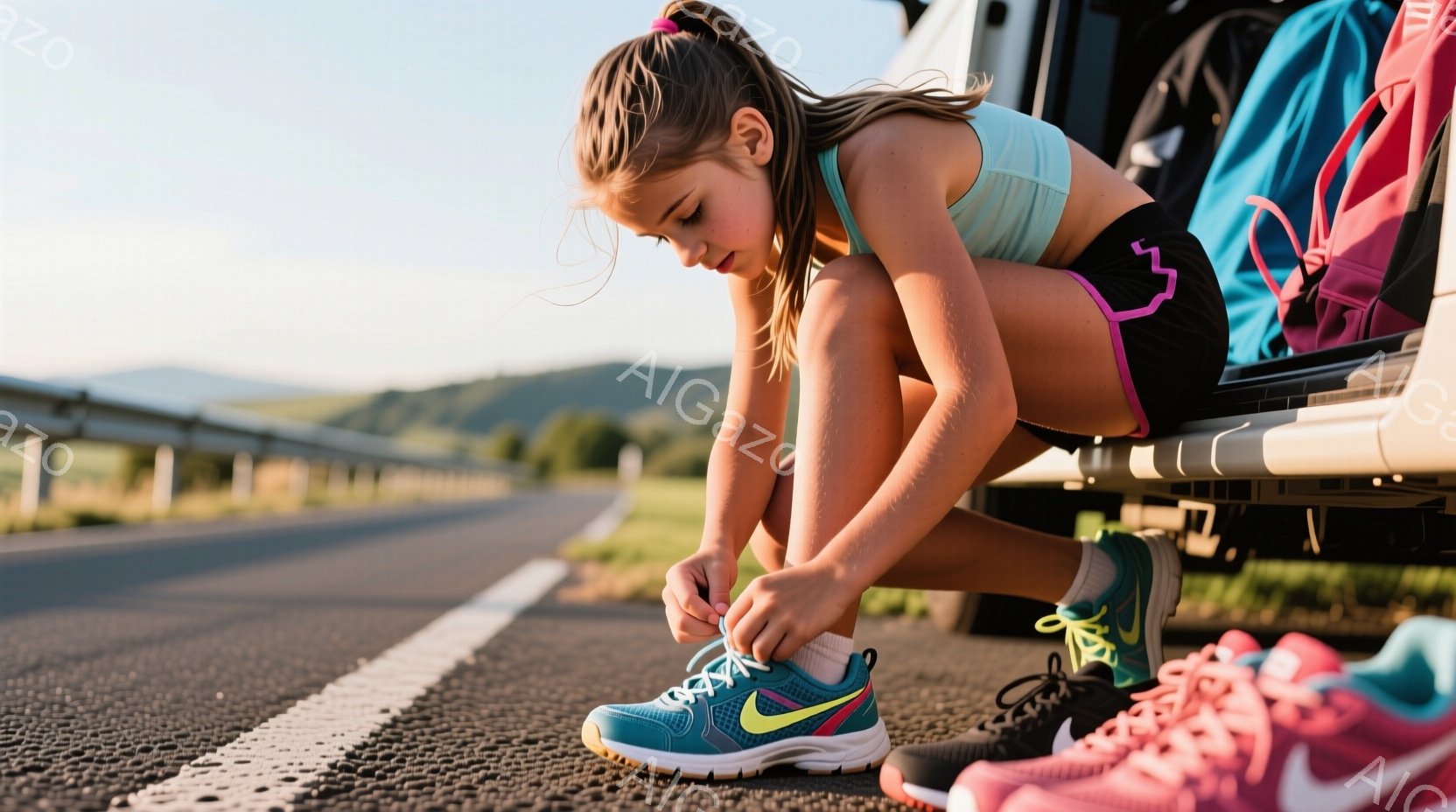 若い女性がアスファルトの道路脇でランニングシューズの靴紐を結んでいます。彼女は明るい水色のスポーツブラと黒のショートパンツを着用し、髪はポニーテールに結ばれています。背景には緑の丘陵地帯が広がり、晴天の下、活気のある雰囲気です。