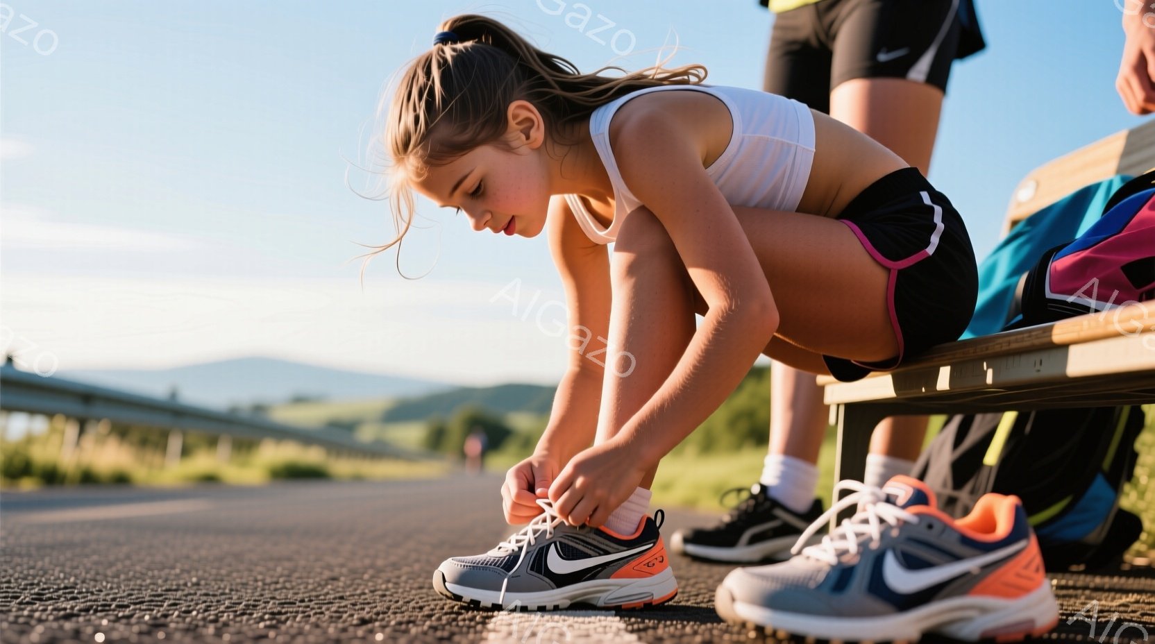 茶髪の少女がトラックの横のベンチに座り、靴紐を結んでいます。彼女は白いスポーツブラと黒いショートパンツを着ており、集中した表情で前かがみになっています。背景には緑の丘と青い空が広がり、晴れた日の屋外での活動を暗示しています。