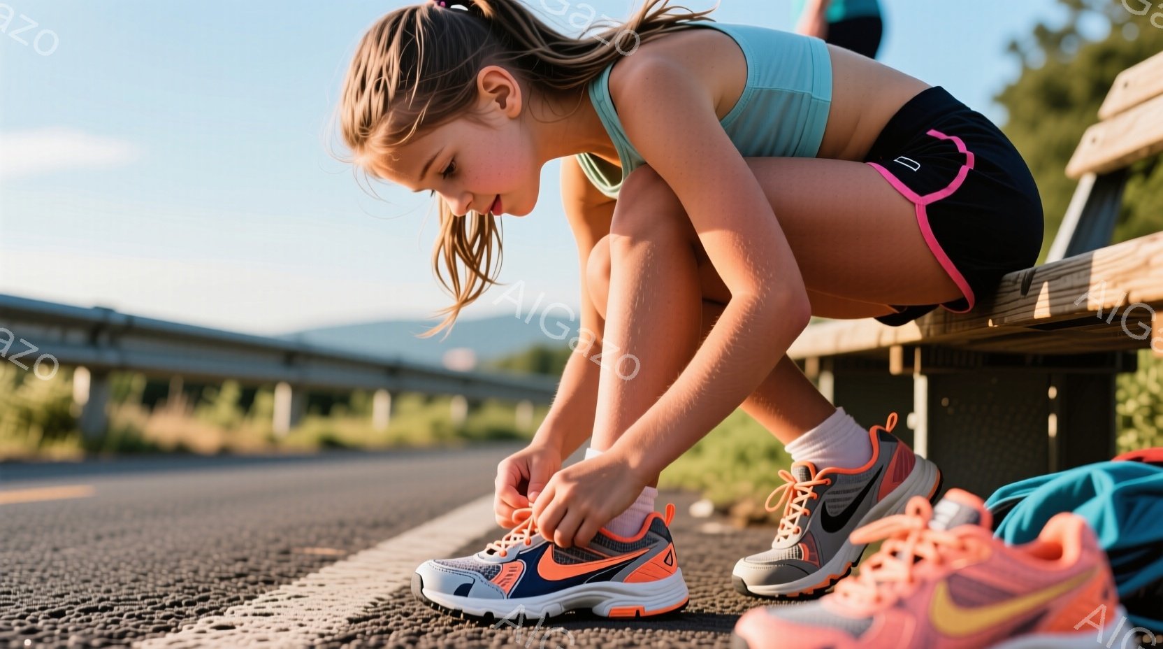 少女はアスファルトの道端のベンチに座り、シューレースを結んでいます。彼女は明るい緑色のスポーツブラと黒とピンクのショートパンツを着ており、ポニーテールにしています。背景には緑豊かな丘と、晴れた空が広がっており、活気のある屋外での運動の雰囲気が漂っています。
