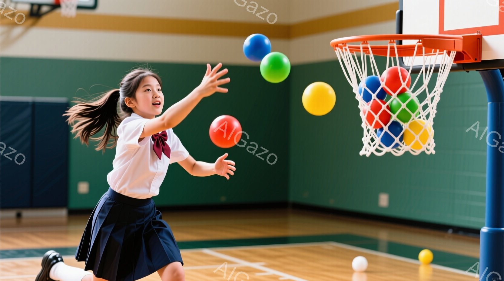茶髪をポニーテールにした少女が、体育館でバスケットボールのリングに向かって色とりどりのボールを投げている。白いブラウスに紺色のスカート、赤いリボンという制服姿で、躍動感のある姿勢と楽しそうな表情が印象的だ。床には他のボールが散らばっており、体育館の壁はクリーム色と青色で構成されている。