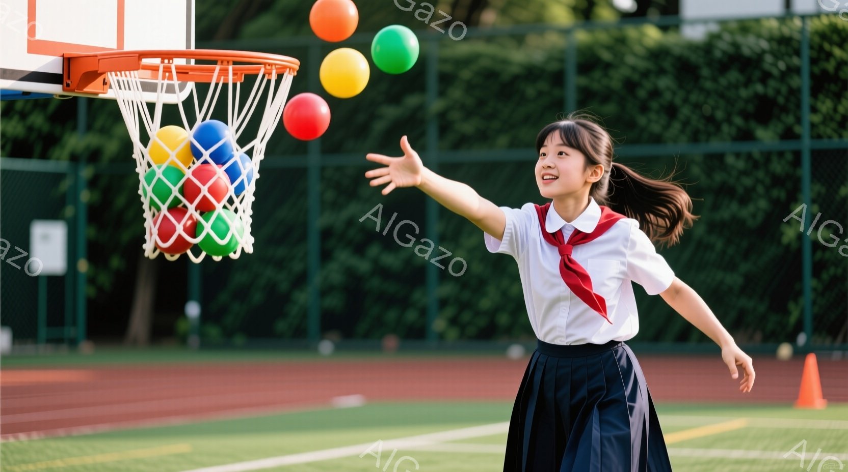 制服を着た少女がバスケットボールコートでカラフルなボールを空中に放っています。彼女は白いブラウスと濃い青色のスカートを着用し、赤いリボンを結んだポニーテールにしています。背景には緑豊かな木々やフェンスが見え、晴れた日の穏やかな雰囲気です。