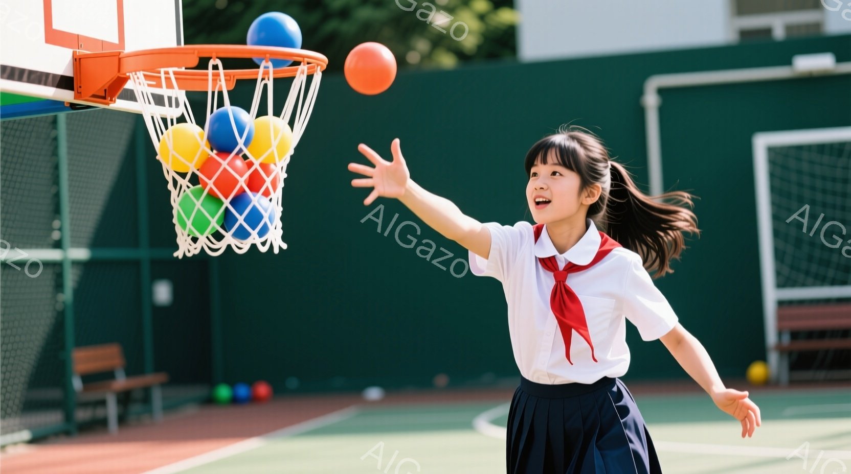 少女は、白いブラウスに赤いネクタイ、紺色のスカートという制服を着て、バスケットボールのネットにカラフルなボールを投げ入れています。髪はポニーテールにし、笑顔でボールの軌道を見つめており、活気のある表情をしています。背景には緑色のフェンスとテニスコートがあり、晴れた日の屋外で活動的な様子が伝わってきます。