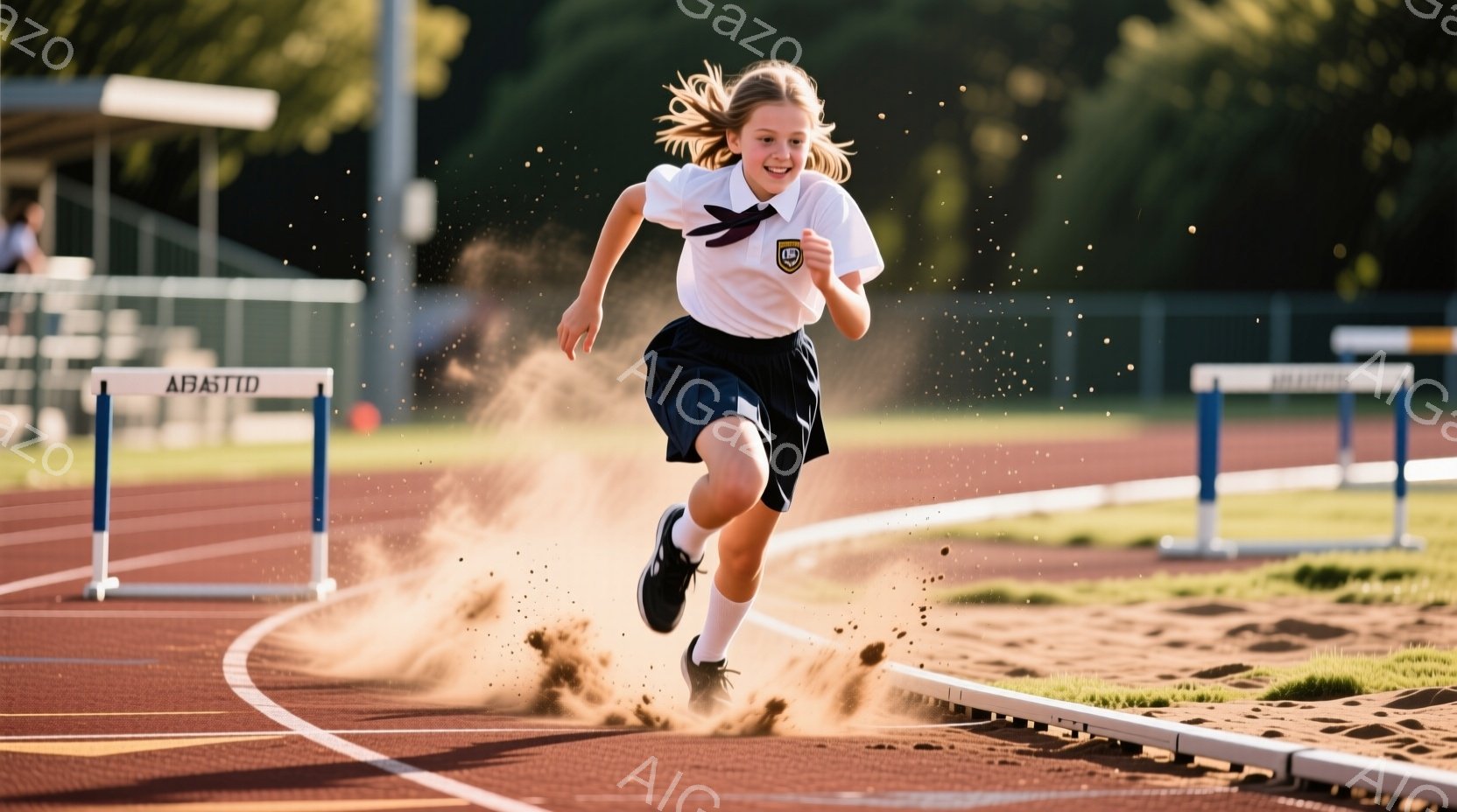 少女はトラックでハードル走をしているところだ。白いシャツに紺色のスカート、黒いスニーカーを履き、髪はポニーテールにしている。彼女は前向きな表情で、躍動感のある姿勢でハードルを飛び越えようとしている。