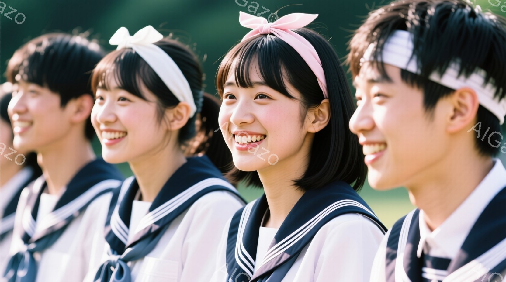 日本の女性たちが、運動部活動に参加しているときの写真です。彼女たちは大切な日を祝っており、明るく笑顔で見られます。彼女たちは水泳部のユニフォームを着用していると思われます。 背景には草地や木があり、天気も晴れており、陽の当たる日です。