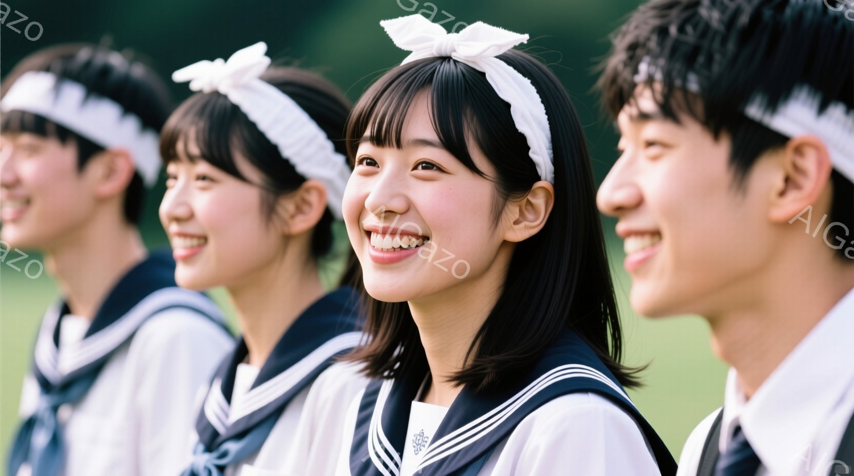 制服を着た若い女性たちが並んで立っており、皆笑顔でどこかを見つめている。紺色のセーラー服に白いリボンを髪につけており、明るい表情と少し上を向いた姿勢が印象的だ。背景には緑豊かな自然が広がり、晴れた日の - AI生成フリー素材