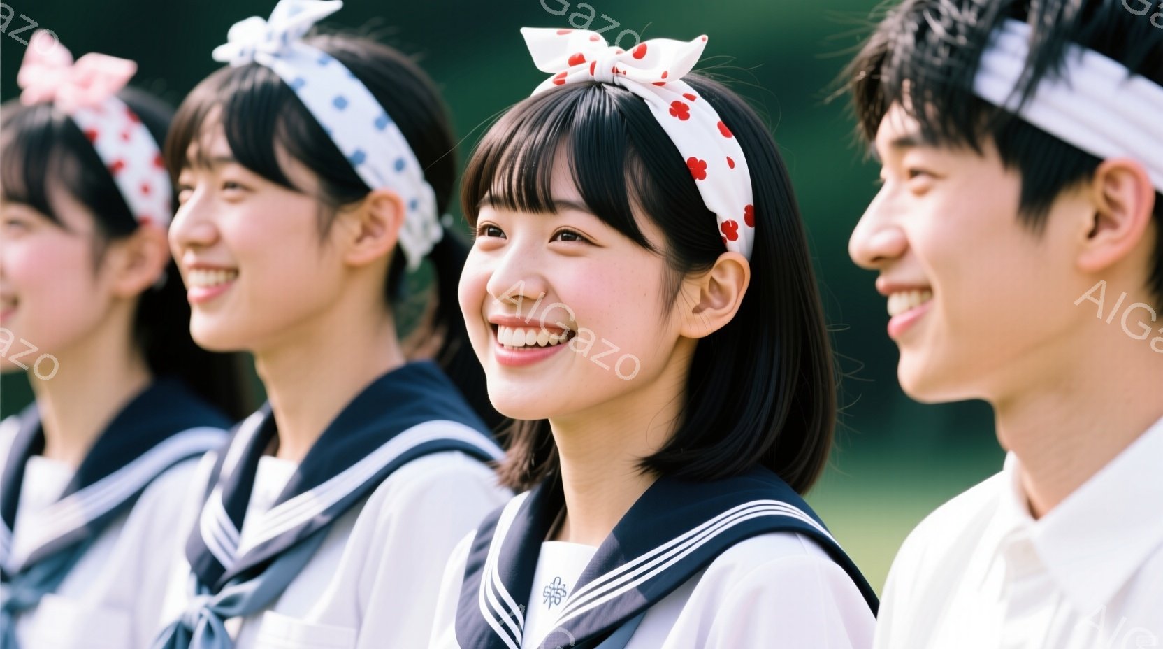 制服姿の若い女性たちが並んで写っており、皆笑顔を浮かべている。彼女たちは白い水玉模様のヘッドバンドを着用し、紺色のセーラー服を着ている。背景には緑豊かな木々が見え、晴天で明るい雰囲気の、学校行事のような場面を連想させる。