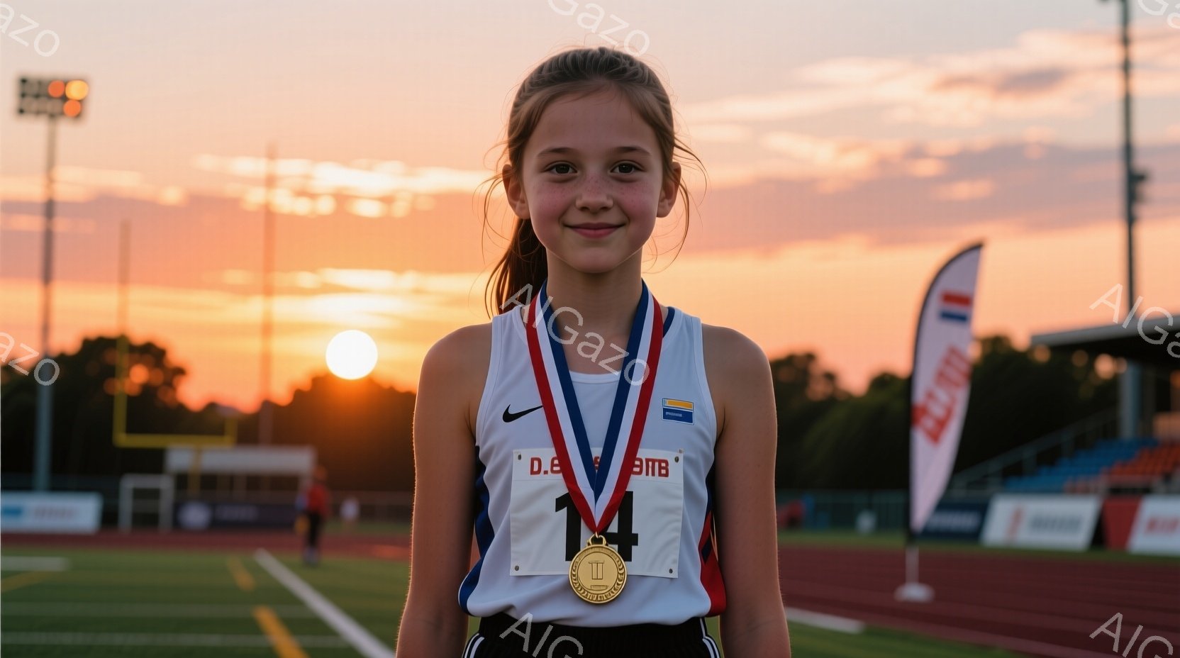 若い少女が競技場で微笑んでいます。彼女は黒い競技用シャツに「14」の数字が描かれ、首にはメダルをかけています。背景には夕焼けの空と競技場のトラック、そして遠くに見える建物があり、温かく達成感のある雰囲気を醸し出しています。
