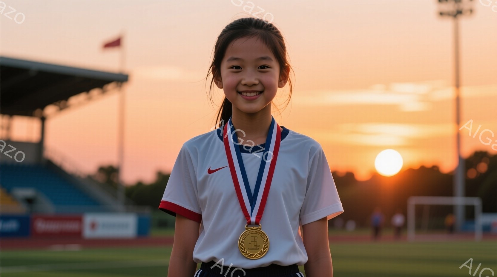소녀はサッカーユニフォームを着て、金色のメダルを首にかけています。彼女は満面の笑顔でカメラに向かっており、まっすぐに立って自信に満ち溢れています。背景にはサッカー場、観客席、そして夕焼け空が広がり、温かく感動的な雰囲気を醸し出しています。