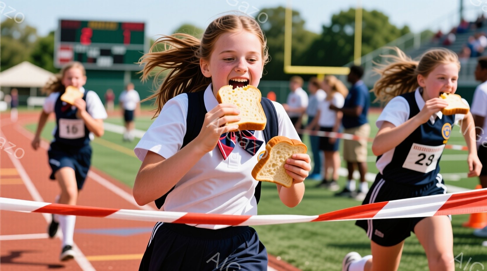 少女たちは競技場で走り、それぞれサンドイッチを食べている。彼女たちは紺色のスカートと白いポロシャツを着ており、髪は後ろで結ばれている。背景には観客席や緑の木々が見え、晴れた空の下で活気のある様子が伝わ - AI生成フリー素材
