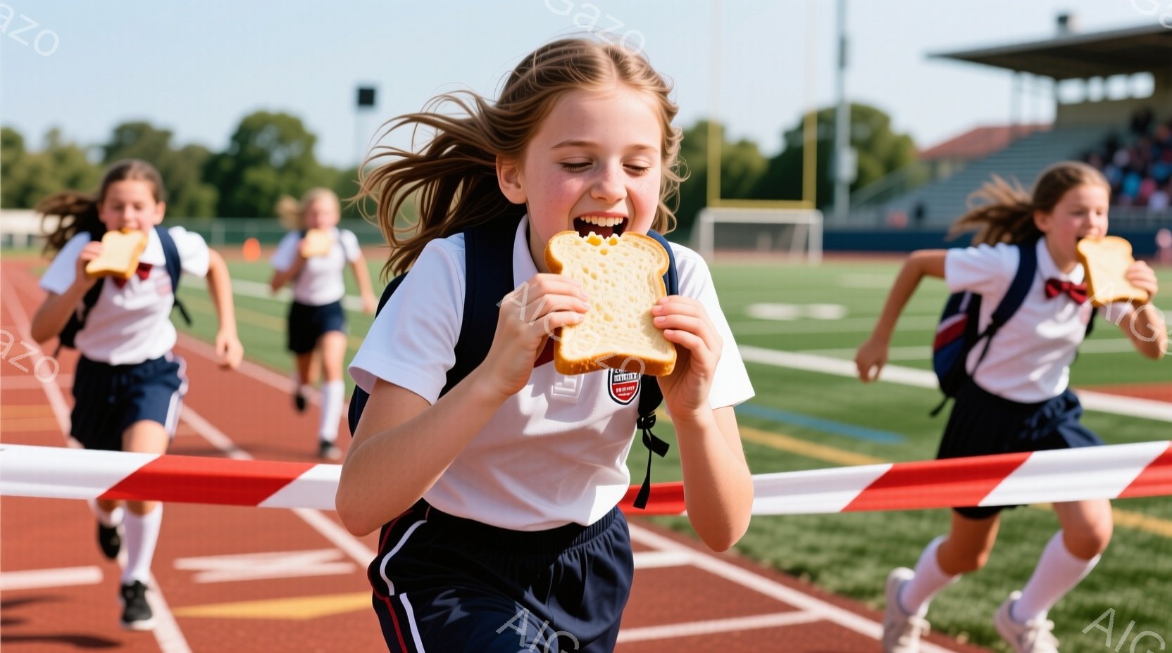 複数の少女たちがトラックを走っており、それぞれ口にサンドイッチをくわえています。紺色のポロシャツと紺色の短パンという制服のような服装で、髪はポニーテールに結ばれています。背景には芝生、観客席、そして晴れた空が見え、活気のある競技会の雰囲気が漂っています。