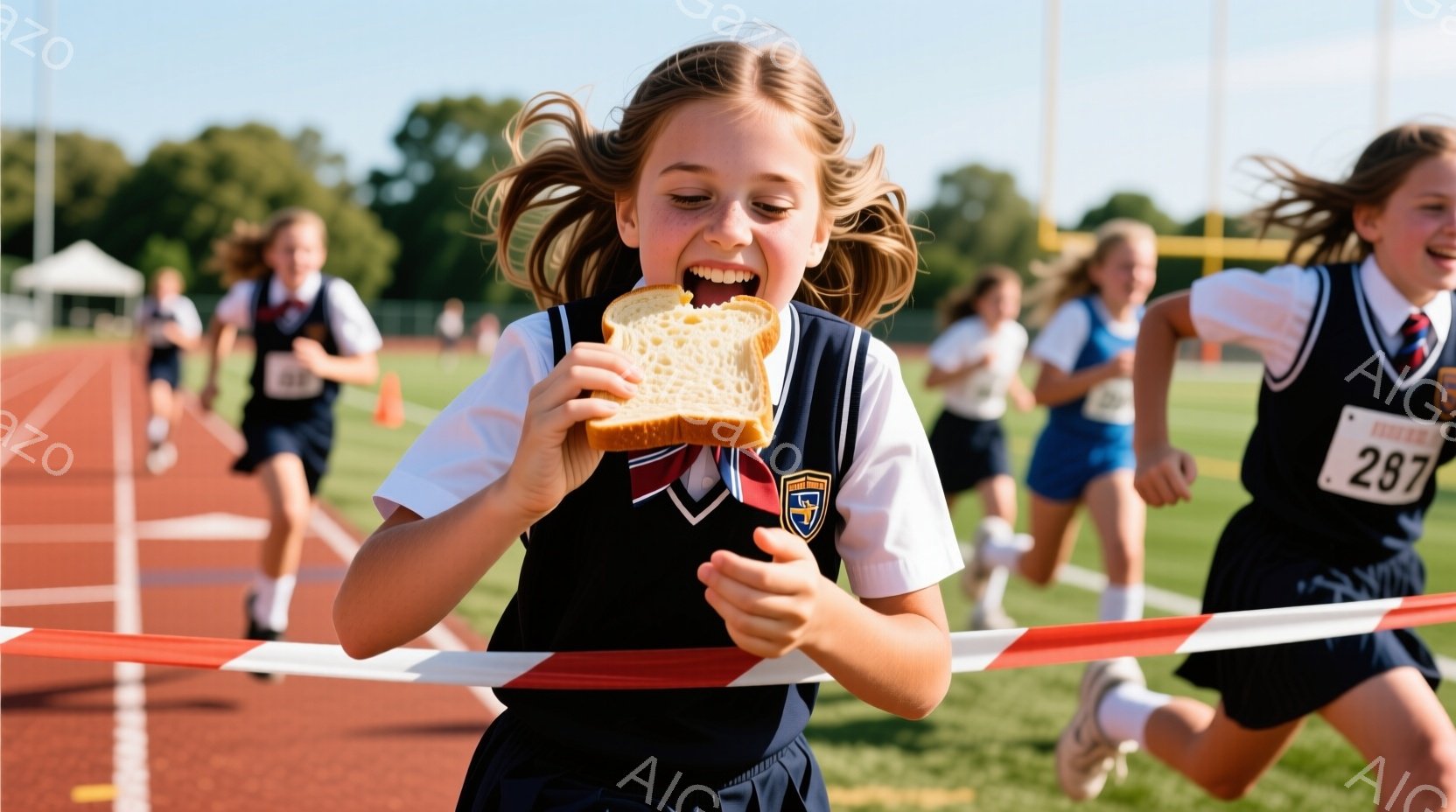 少女は、競技トラックで走りながらパンを食べている。紺色のブレザーとチェックのスカートの制服を着ており、明るい笑顔で、髪はポニーテールに結ばれている。背景には、緑の芝生と遠くに見える建物があり、晴天の下、活気のある競技会の様子が伺える。