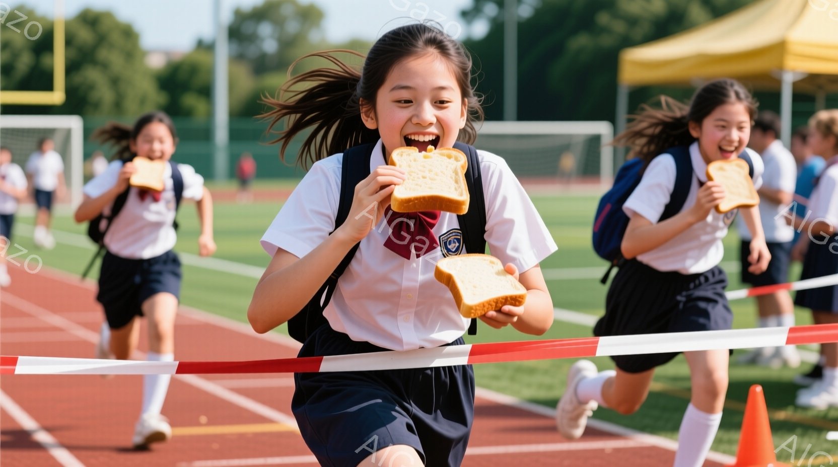 制服姿の少女たちが、競技場で駆け抜けている。彼女たちは皆、片手に食パンを持っており、笑顔で走っている様子から、何らかの楽しいイベントやゲームに参加していることがわかる。背景には緑の芝生、トラック、そして遠くに見える建物があり、晴天の下、活気に満ちた雰囲気が漂っている。