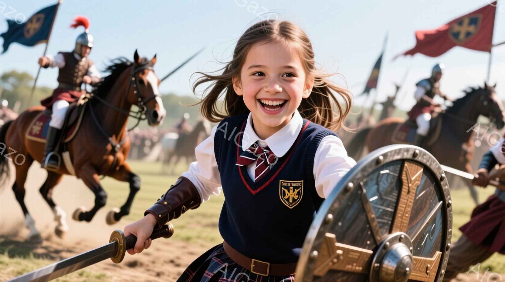 金髪の少女が、盾と剣を構え、満面の笑みを浮かべて走っている。彼女はチェック柄のスカートと紺色のベスト、そして腕に装着した鎧の一部を身につけており、背景には馬に乗った騎士たちが旗を掲げながら疾走している。土埃が舞う広大な野原で、晴天の下、中世の雰囲気を醸し出す様子が捉えられている。