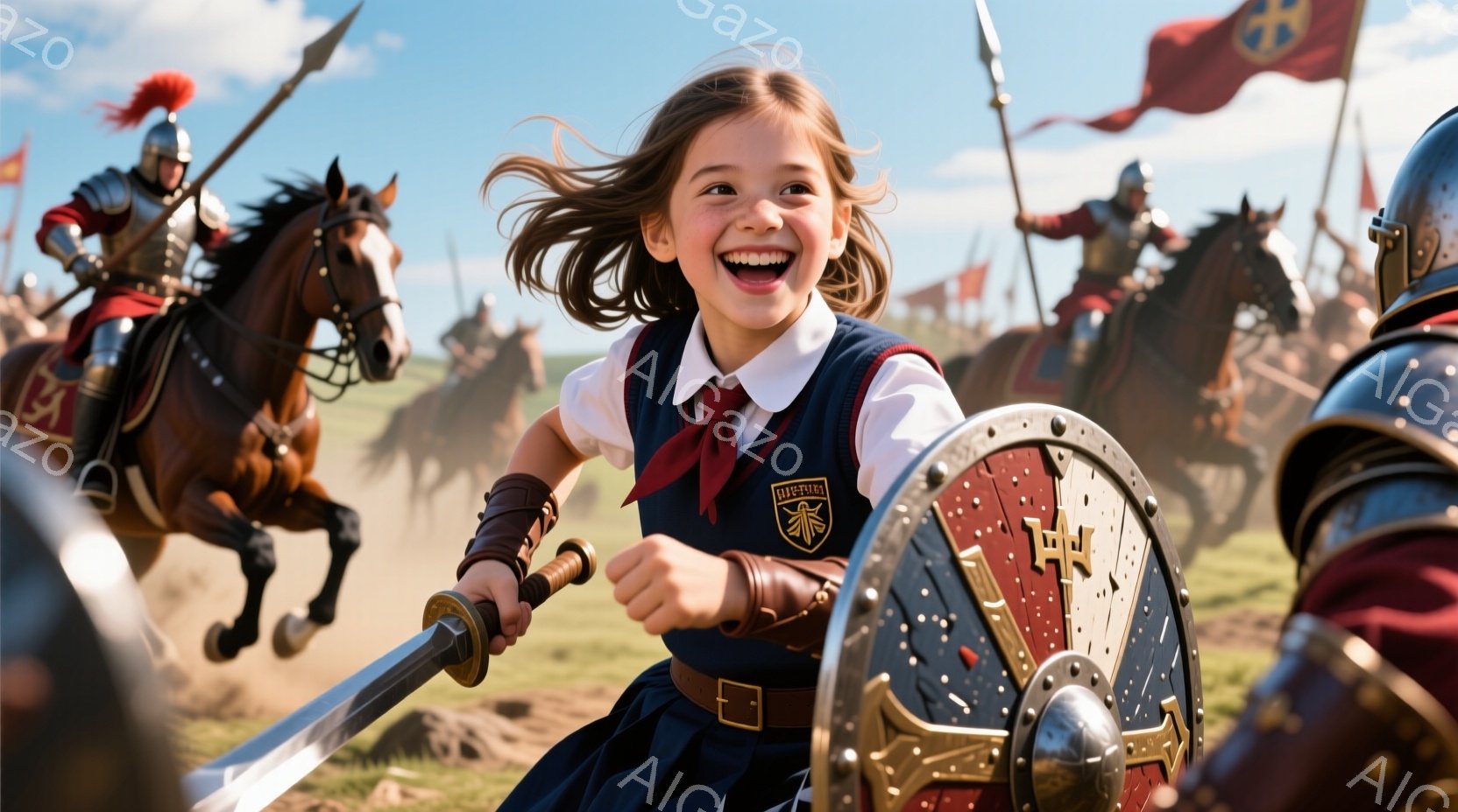 中世の戦場を思わせる風景の中に、笑顔の少女が描かれています。彼女は紺色のスカートと白いブラウスを着ており、腰には赤いリボンを結んでいます。少女は両手に剣と盾を持ち、まるで戦場を駆け巡る騎士のように、前進しています。