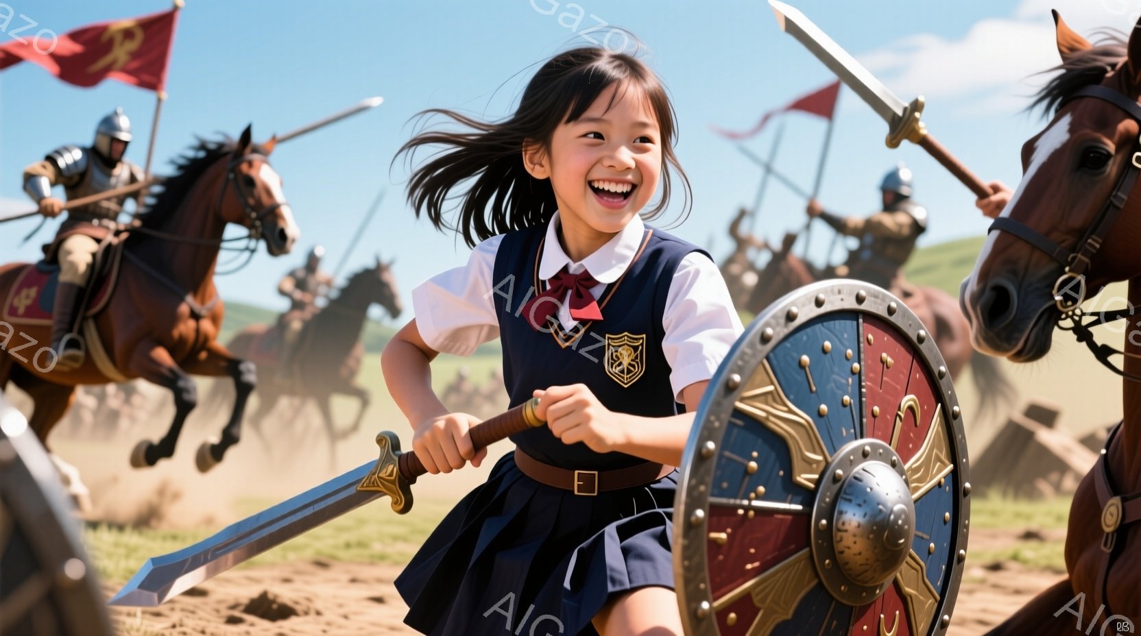 少女は制服姿で、剣と盾を持って砂地を走り出している。彼女は笑顔で、髪が風になびいている。背景には、中世の騎士たちが馬に乗って突進してくる様子が見え、砂埃が舞っている晴天の戦場を思わせる。