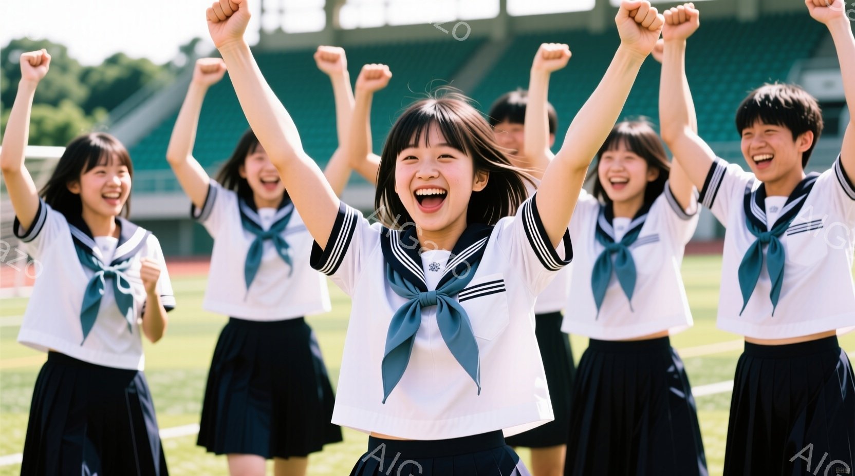 制服を着た女子高生たちが、競技場の緑の芝生の上に立って両手を高く上げて歓声を上げている。彼女たちは白いブラウスに紺色のスカート、そして青いネクタイを着用し、明るい笑顔を見せている。背景には観客席や緑豊かな木々が見え、晴天の下、活気に満ちた勝利の瞬間を捉えている。