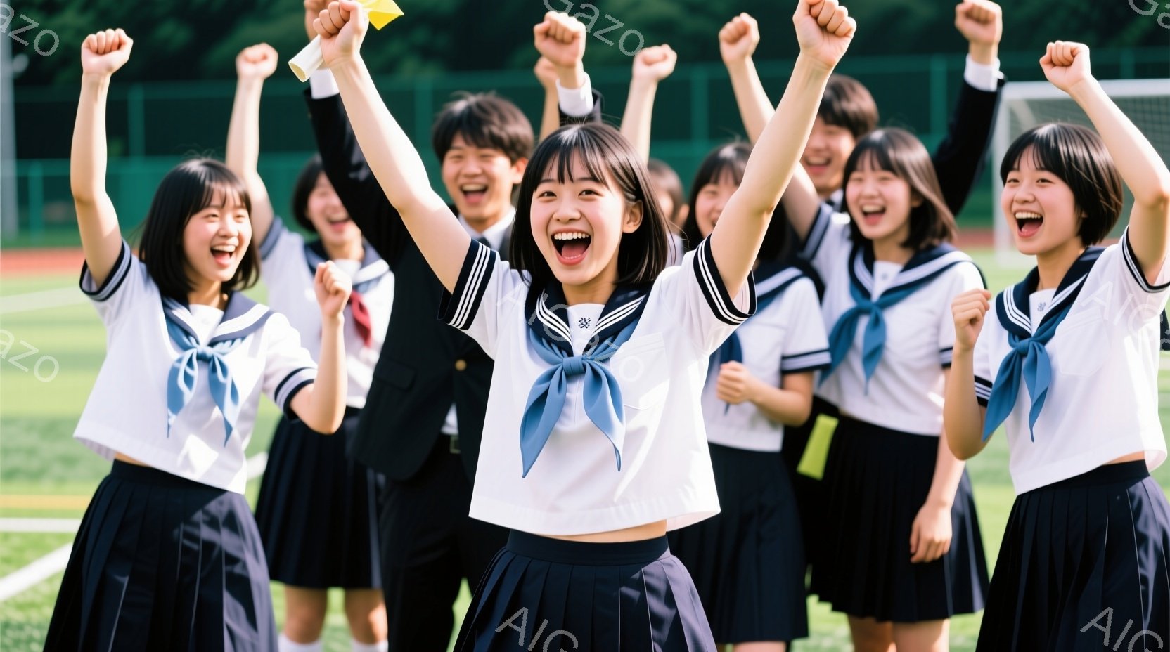 制服を着た学生たちが、勝利を祝うように両手を高く上げて歓声を上げている。彼らは皆、白いシャツに濃い色のスカートまたはズボンを着用し、ネクタイやリボンがアクセントになっている。背景には緑の芝生と木々が見え、晴天の下で明るく活気のある雰囲気が漂っている。