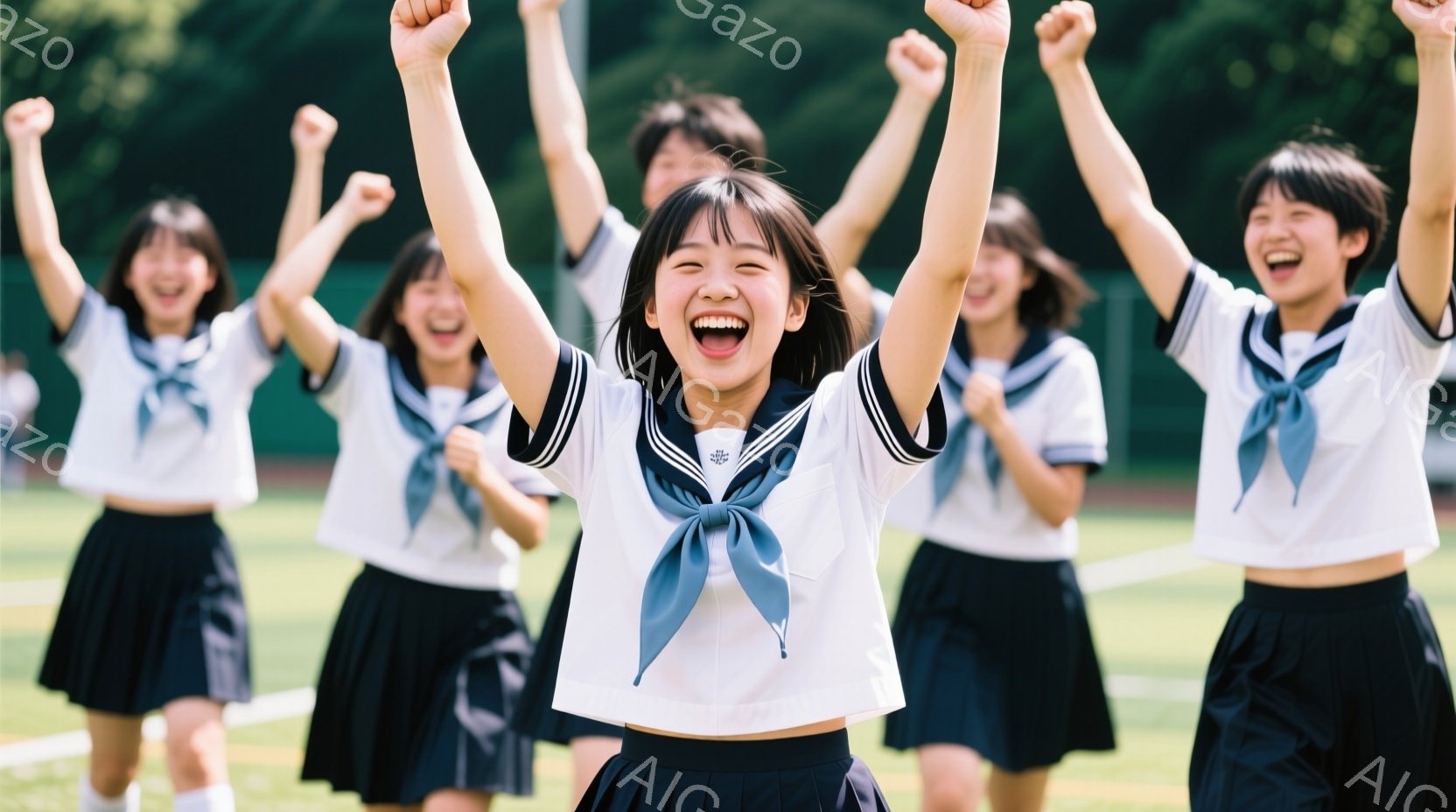 紺色のスカートと白いセーラー服を着た若い女性たちが写っています。彼女たちは皆、両手を高く上げて喜びを表現しており、明るい笑顔を見せています。背景は緑豊かな芝生と木々があり、晴れた日の屋外で撮影された様子で、活気に満ちた、陽気な雰囲気が漂っています。