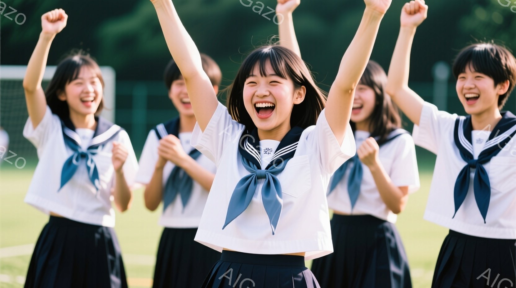 制服姿の女子学生たちが、喜びの表情で両手を高く掲げています。白いブラウスに濃いブルーのリボンとスカート、そして黒い靴を履いており、髪型はショートボブや肩までの長さで、元気な印象を与えます。背景には緑の芝生とぼやけた建物が見え、晴天の下、活気に満ちた雰囲気が伝わってきます。