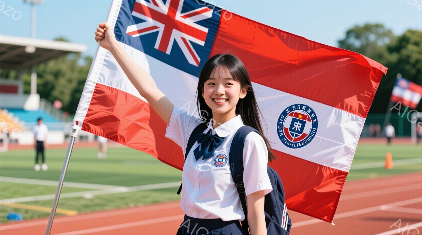 制服を着た若い女性が、イギリスの国旗を高く掲げています。彼女は短髪で、笑顔を見せ、肩にリュックサックを背負っています。背景には、赤いトラックと観客席が見え、晴天の下、スポーツイベントのような賑やかな雰囲気が漂っています。