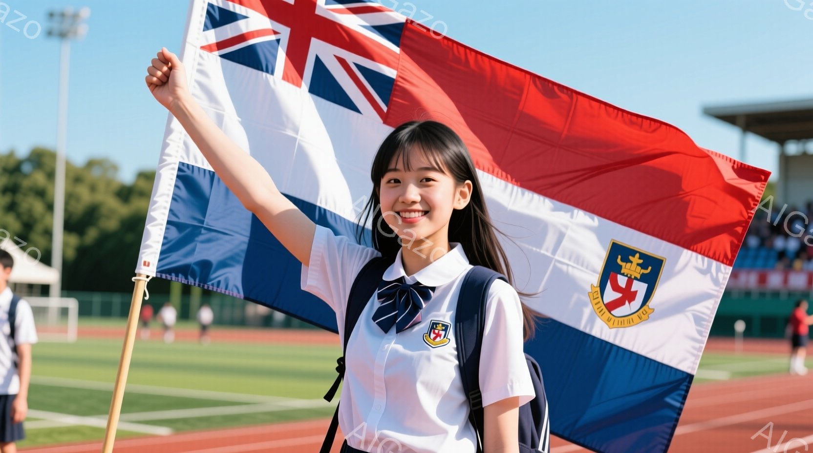 若い女性が赤いポールにイギリス国旗を掲げて立っています。彼女は白いシャツにネイビーのネクタイとベストを着用し、リュックサックを背負っています。背景にはトラック競技場と観客席があり、晴天で活気のある雰囲気です。