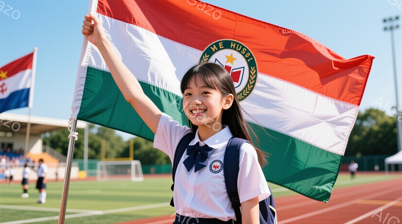 短い黒髪で前髪を少し残した少女が、緑、白、赤のストライプと中央に紋章が入った大きな旗を高く掲げています。彼女は制服姿で、白いシャツに濃い青のネクタイとスカートを着用し、笑顔で自信に満ちた表情をしています。背景にはトラック競技場、観客席、そして青空が広がり、明るく活気のある雰囲気が漂っています。