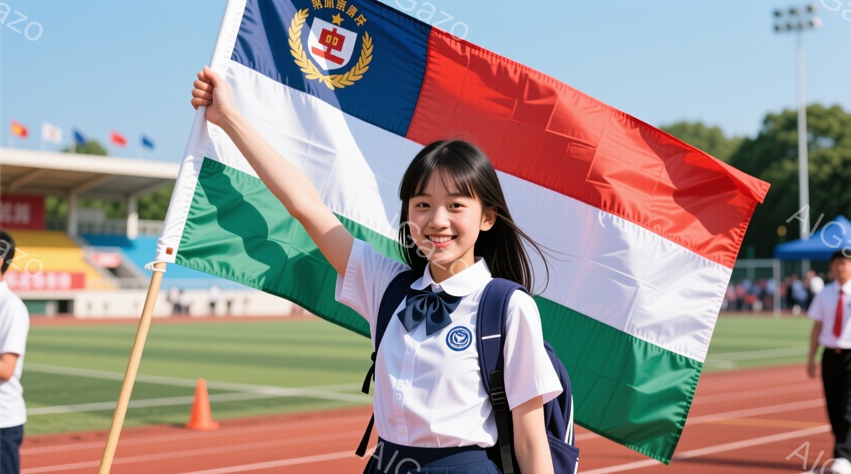 少女はトラック競技場に立ち、緑、白、赤の旗を高く掲げています。彼女は白いブラウスと紺色のスカートの制服を着ており、髪は肩まで伸びたストレートヘアで、笑顔で正面を見ています。背景にはトラック、観客席、そ - AI生成フリー素材