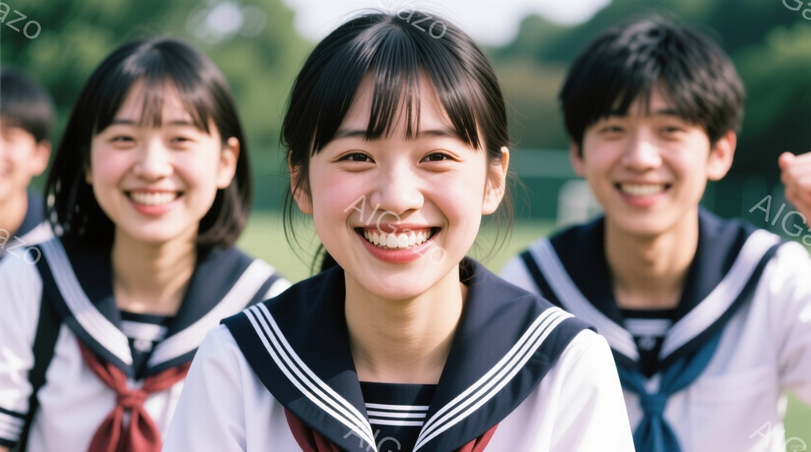 制服を着た若い男女が写っています。特に中央の女性は、明るい笑顔でカメラを見つめ、黒髪を耳にかける姿が印象的です。背景には緑豊かな自然が広がり、晴天の下、楽しげな雰囲気が漂っています。 - AI生成フリー素材