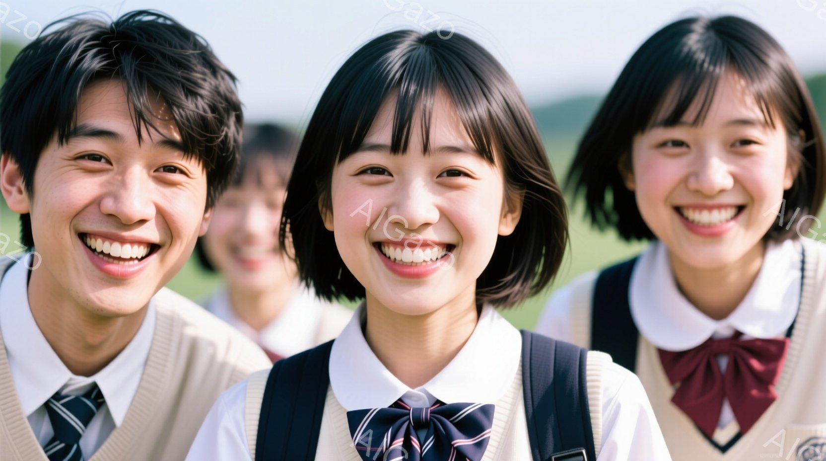 制服を着た若い男女が笑顔でカメラに向かって並んでいます。彼らは皆、白いシャツにニットベスト、ネクタイまたはリボンを着用しており、髪型は短髪または肩までの長さです。背景には緑の草地が広がり、晴天で明るい日差しが差し込んでおり、全体的に明るく楽しい雰囲気が漂っています。